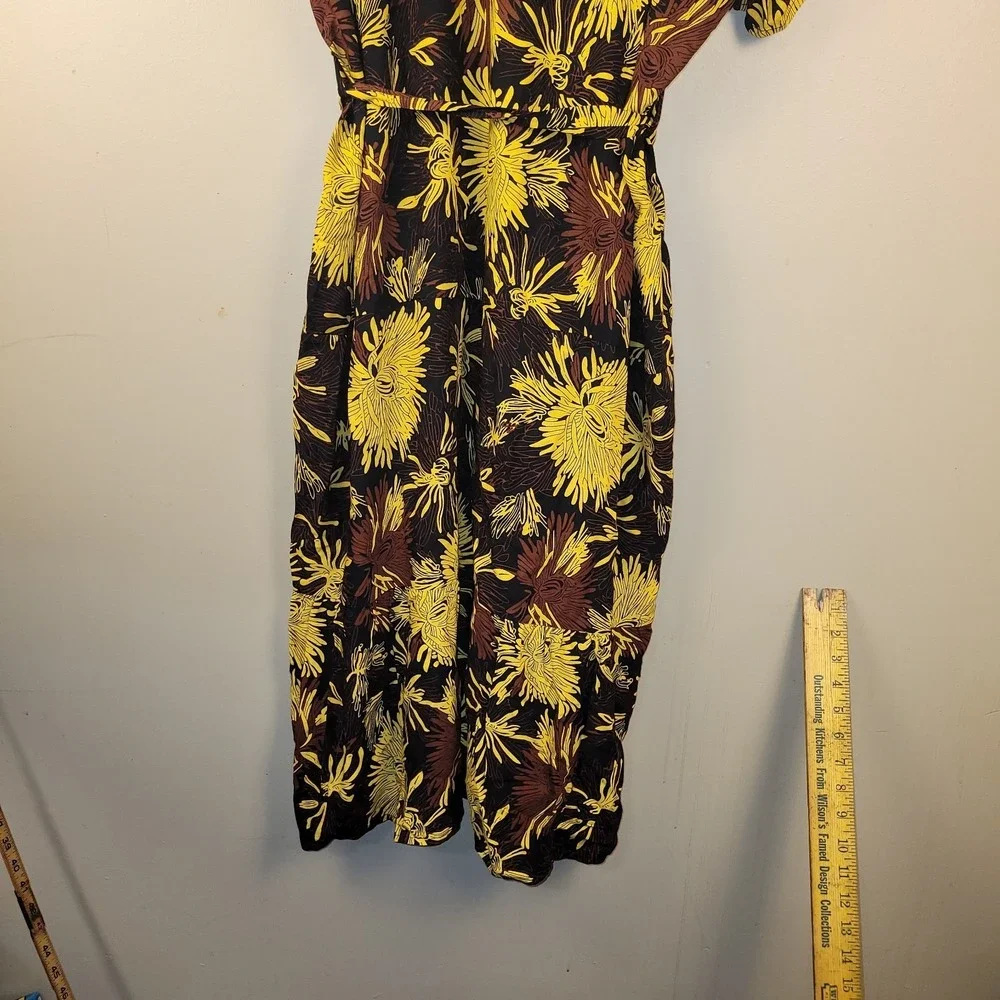 TAMSY Floral Midi Dress One Size Black Yellow‎ Brown Boho Tie Waist NWT